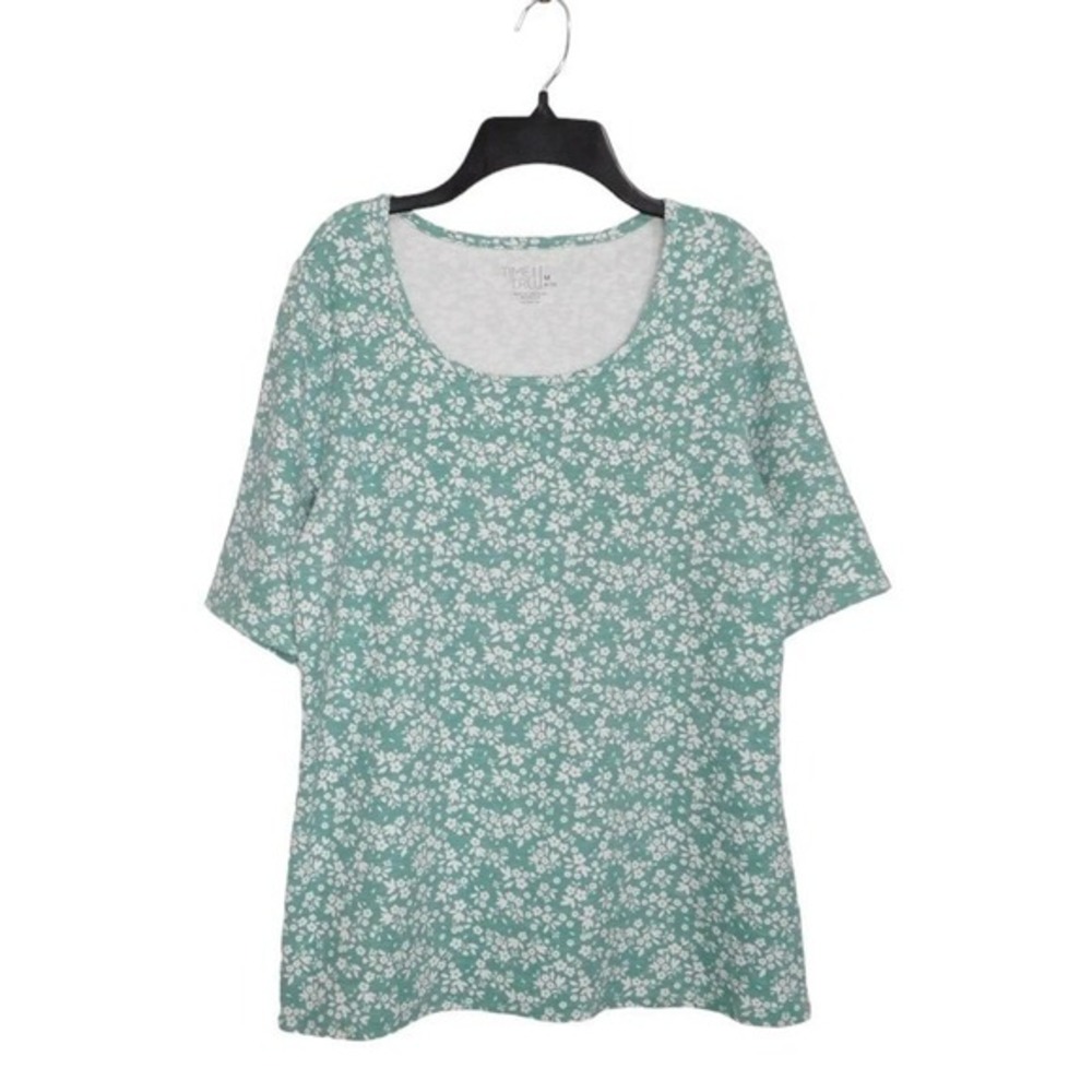 Time and Tru Womens Top M‎ S Green White Scoop Neck Floral Print T-Shirt Casual